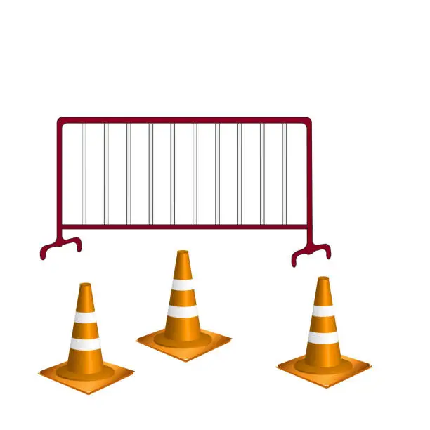 Vector illustration of orange traffic cone,3d and crowd control barrier, vector illustration.