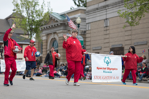 Stoughton, Wisconsin, USA - May 20, 2018: Annual Norwegian Parade, Members of the Special Olympics from wisconsin stoughton 6-50