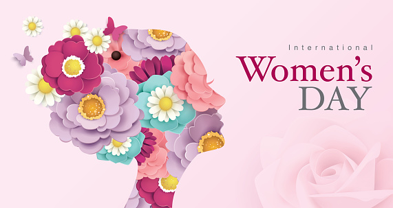 International Women's Day poster design with women's side face silhouette and blossom flowers
