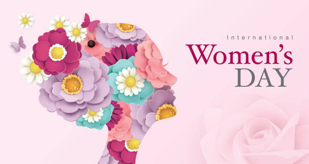 Happy Women's Day International Women's Day poster design with women's side face silhouette and blossom flowers day stock illustrations