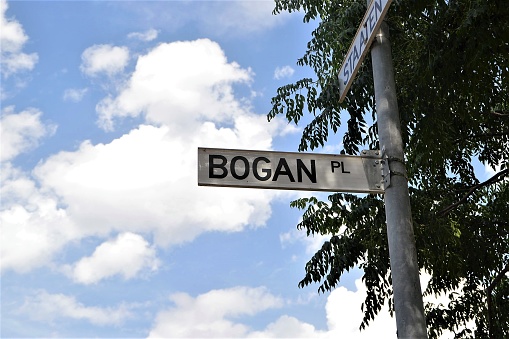 A street sign showing the name 'Bogan Place' with the sky and a tree in the background. The word 'bogan' is a slang word in Australia and New Zealand for a low-class, tasteless person who tends to wear singlets, drive a ute and behave poorly. This sign is quite funny. The street is found in Canberra, Australia.