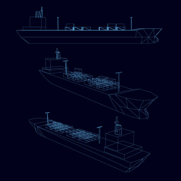 Set tankers Set with tanker wireframes. Side view and isometry. Blue lines on a dark blue background. Vector illustration. ship stock illustrations