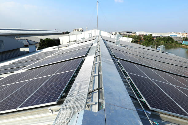 Solar PV on Industrial Roof with Facilities stock photo