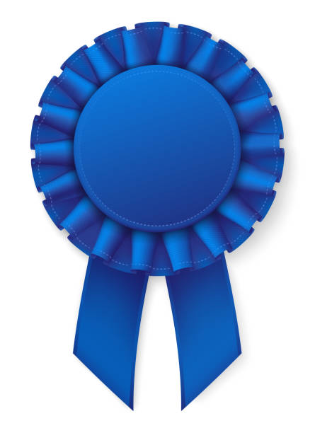 stockillustraties, clipart, cartoons en iconen met blauwe realistische award badge. stof lint met textuur. rand van de witte draad. - lintje prijs