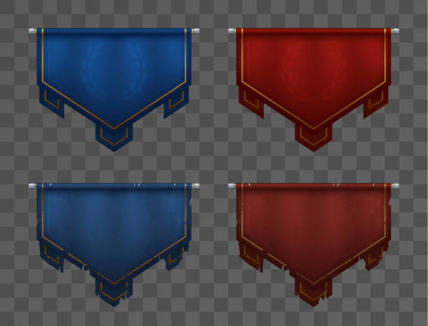 Blue versus red team banners on poles. Medieval pennants, old and new. Victory and defeat. Asset for game ui. Eps10 vector medieval stock illustrations
