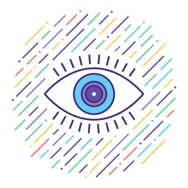 ilustraciones, imágenes clip art, dibujos animados e iconos de stock de visión verificación línea plana icono ilustración - looking eyesight optometrist focus