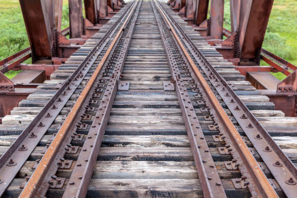 istock Old railway and railway bridge, rails and piles 1124965983