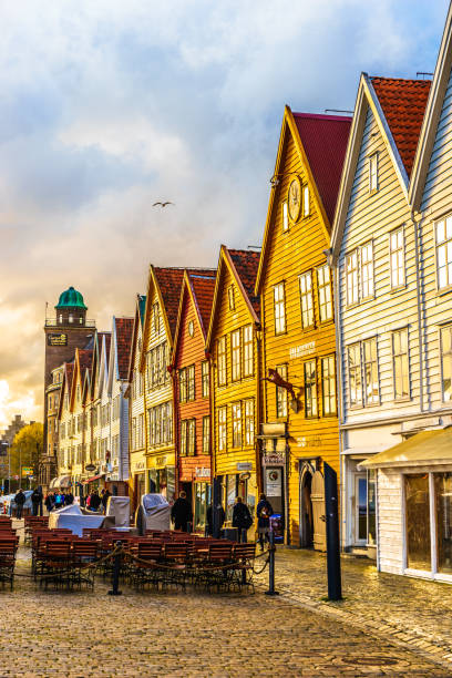 Bergen, Norway city center view with Bryggen Summer, Bergen - Norway, Bryggen, Europe, Nordic Countries bergen norway stock pictures, royalty-free photos & images