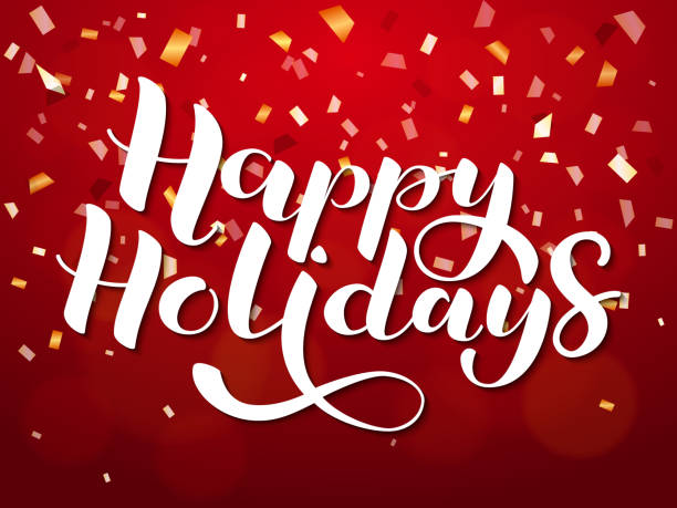 istock Happy holidays  lettering. Red background with golden confetti. Vector illustration 1124967681