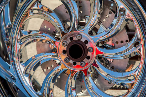 istock Chromed motorcycle wheels with disc brakes, close-up 1124970930