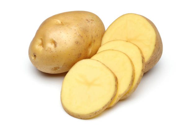 istock Fresh potato and slice on white background 1124972699