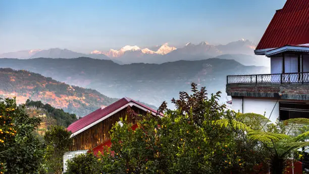 View from Resort balcony of Mountain Kanchenjunga of Himalayan Range, the third highest mountain in the world at the time of Sunrise.