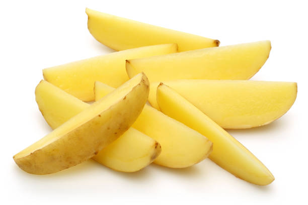 istock Fresh potato slices on white background 1124972988