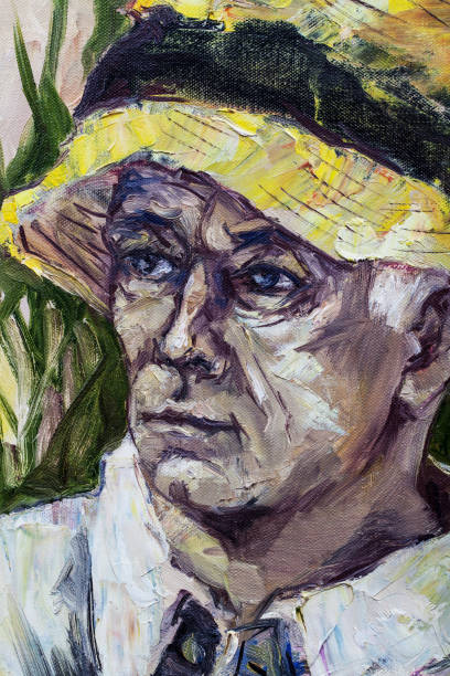 istock Fashionable summer illustration modern art work my original oil painting on canvas impressionism vertical portrait a man in a straw hat illuminated by the rays of the sun 1124973775