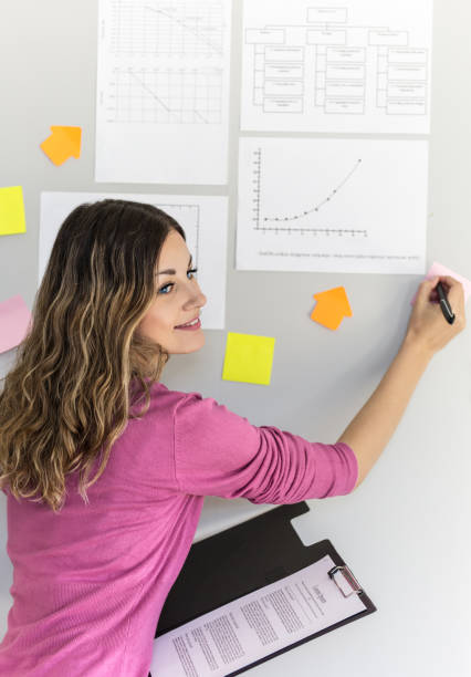 istock Smiling businesswoman writing adhesive notes on office wall 1124974653