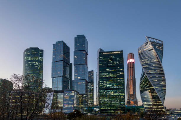istock Business district, Bottom view of modern skyscraper 1124974733