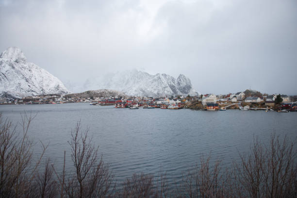 로 포 텐 제도 노르웨이의 눈과 산으로 둘러싸인 디 싱 하우스 빌리지의 풍경 - dishing out 뉴스 사진 이미지