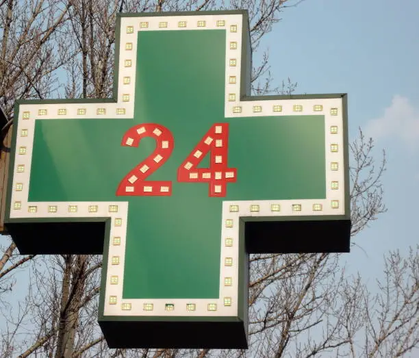 Photo of medical  twenty-four-hour drugstore signboard