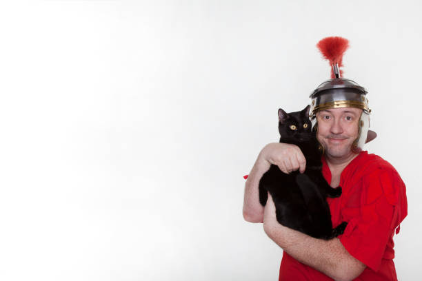 A roman soldier with a black cat on the white background.