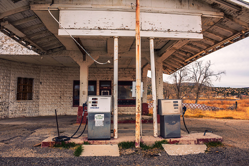 Abandoned gas station on historic Route 66 in Seligman, Arizona