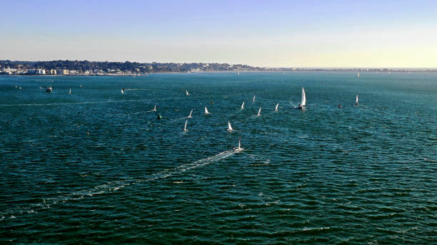 Poole harbour and sailing boats by drone stock photo