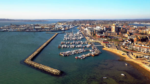 poole harbour and sailing boats by drone - dorset imagens e fotografias de stock