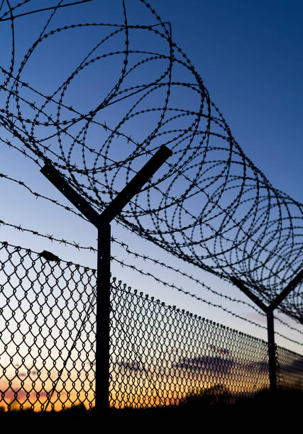 istock Barbed wire fence in low light 1124993968
