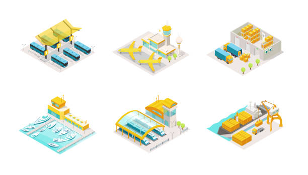 ilustrações de stock, clip art, desenhos animados e ícones de set of transportation isometric. bus station, airplane airport, delivery service warehouse and truck. shipping by sea boat and containers on a barge, train station logistic. - vector isometric airplane bus