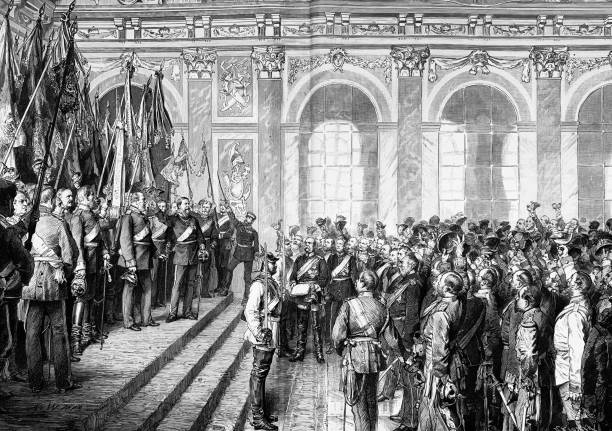 die proklamation des deutschen reiches im spiegelsaal des schlosses von versailles auf 18. januar 1871 - engraving rural scene engraved image men stock-grafiken, -clipart, -cartoons und -symbole