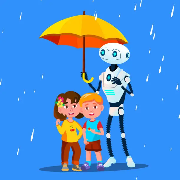Vector illustration of Robot Keeps An Open Umbrella Over Little Child During The Rain Vector. Isolated Illustration