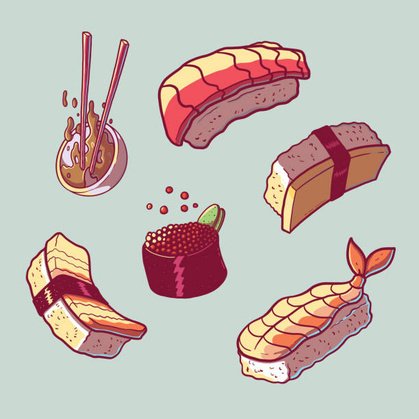 ilustraciones, imágenes clip art, dibujos animados e iconos de stock de ilustración de vector de comida sushi. - sushi cartoon food wallpaper pattern