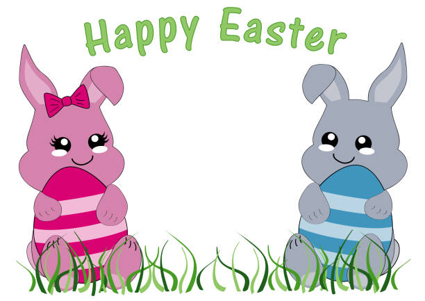 кавайи пасхальная открытка с кроликом девушка, кролик мальчик и текст счастливой пасхи. - easter remote blue cute stock illustrations
