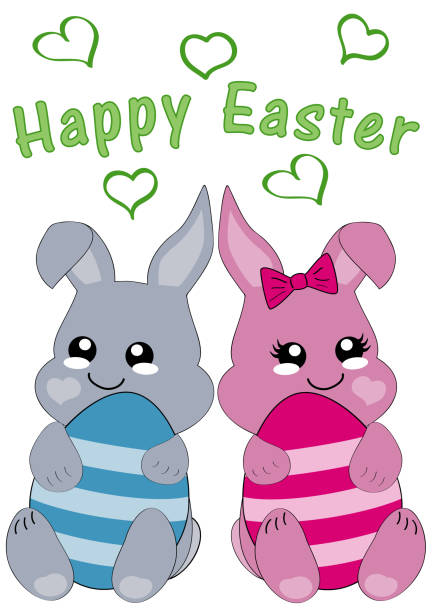 ilustrações de stock, clip art, desenhos animados e ícones de kawaii easter card with cute bunny rabbit and the text happy easter. - easter remote blue cute