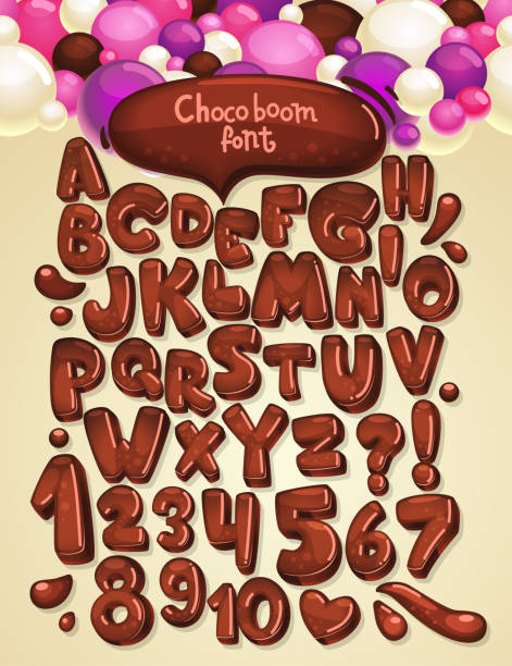 Chocolate boom vector font set Illustration collection brown letters and numbers chocolate stock illustrations