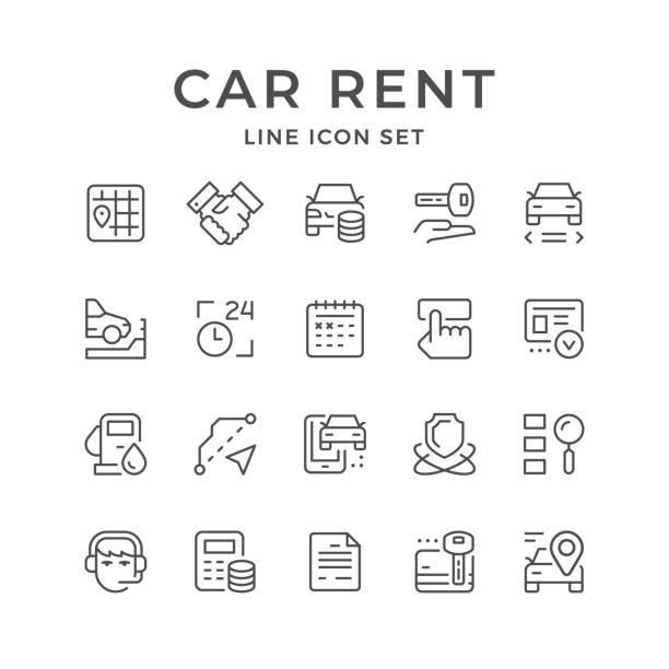 ilustraciones, imágenes clip art, dibujos animados e iconos de stock de set de iconos de la línea de alquiler de coches - alquiler de coche
