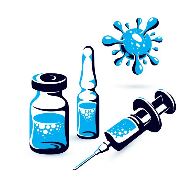 Vector illustration of Vector graphic illustration of vial, ampoule with medicine and medical syringe for injections. Scheduled vaccination theme.