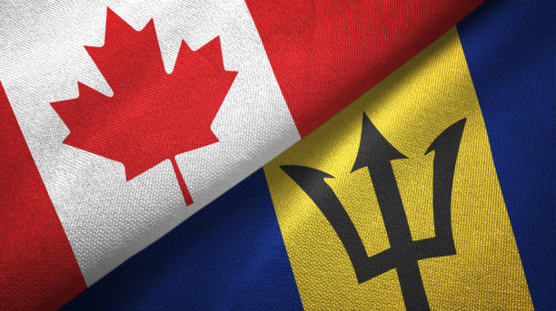 istock Barbados and Canada two flags together textile cloth, fabric texture 1125020183