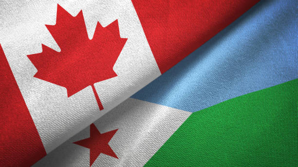 istock Djibouti and Canada two flags together textile cloth, fabric texture 1125020301