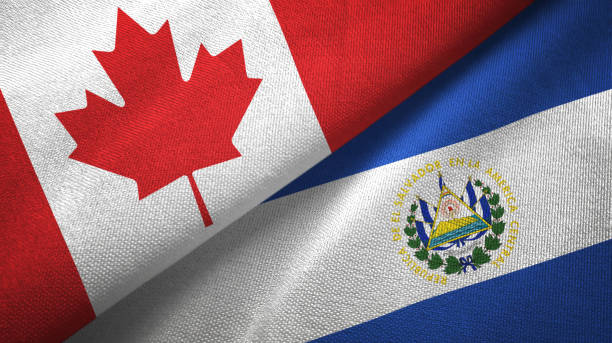 istock El Salvador and Canada two flags together textile cloth, fabric texture 1125020360