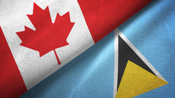 istock Saint Lucia and Canada two flags together textile cloth, fabric texture 1125021164