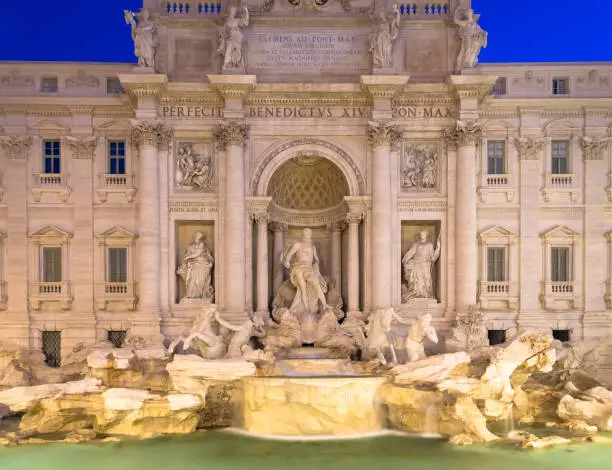 Rome, Italy. Trevi fountain at night, the masterpiece of Italian classical baroque architecture.