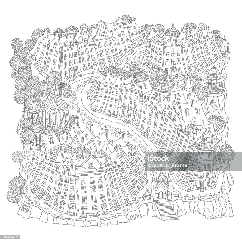 Vector humorous black and white outline contoured fantasy landscape, trees, fairy tale small town medieval buildings on a white background. Tee shirt print. Adults Coloring Book page Cartoon stock vector