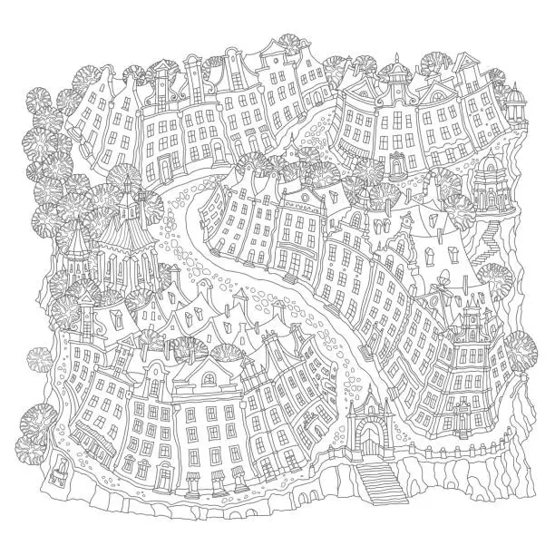 Vector illustration of Vector humorous black and white outline contoured fantasy landscape, trees, fairy tale small town medieval buildings on a white background. Tee shirt print. Adults Coloring Book page