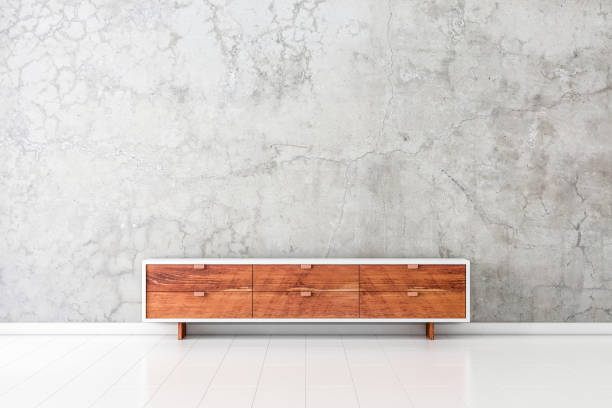 istock Modern tv console mockup with wooden facade in empty room 1125027773