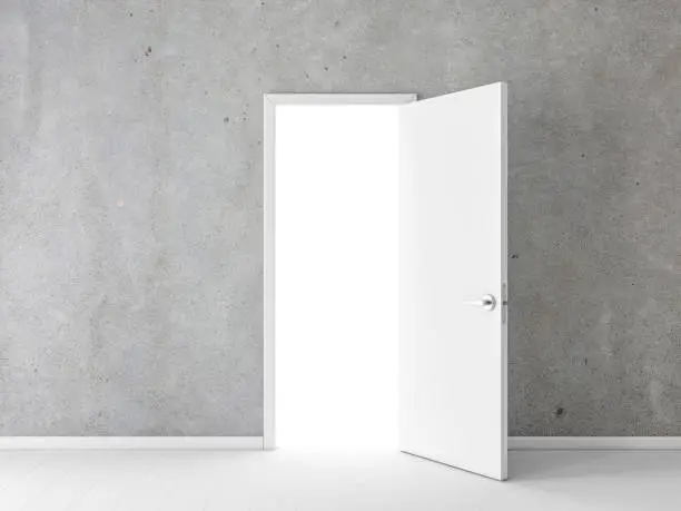 Open white door in empty room with concrete wall, 3d rendering