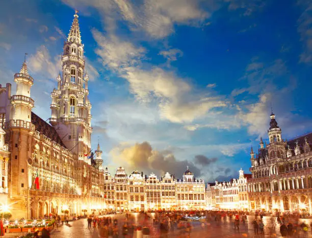 Grand-Place square with town hall in Brussels by twilight