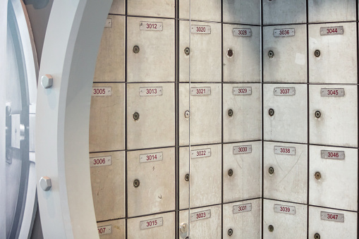 Close-up of safe deposit boxes