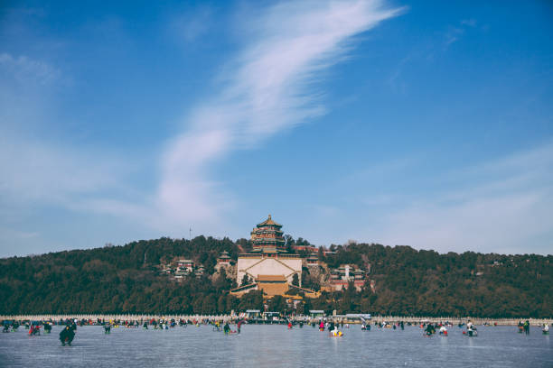 Beijing, China - January 26th, 2019: Beijingers are enjoying a day of lake skating at the frozen lake of the Summer Palace. Summer Palace is one of the most popular tourist attractions in Beijing.