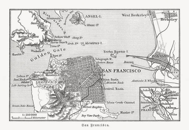 ilustrações, clipart, desenhos animados e ícones de mapa histórico de san francisco e arredores, xilogravura, publicado 1897 - map san francisco bay area san francisco county california