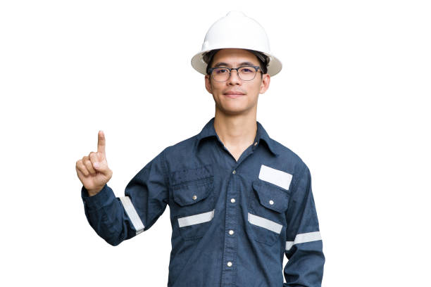 istock Asian man,Engineer or Technician in white helmet, glasses and blue working shirt suit pointing, isolated on white, mechanic and Oil and Gas industrial concept with clipping path. 1125033436